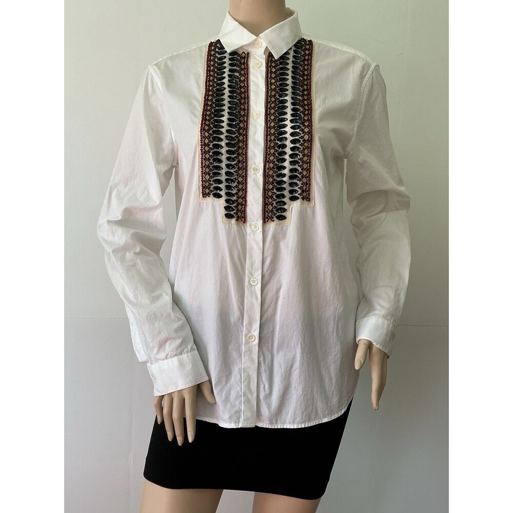 ETRO (Size 48) Milano Italy White Beaded Sequin Embroidered Cotton Blouse
